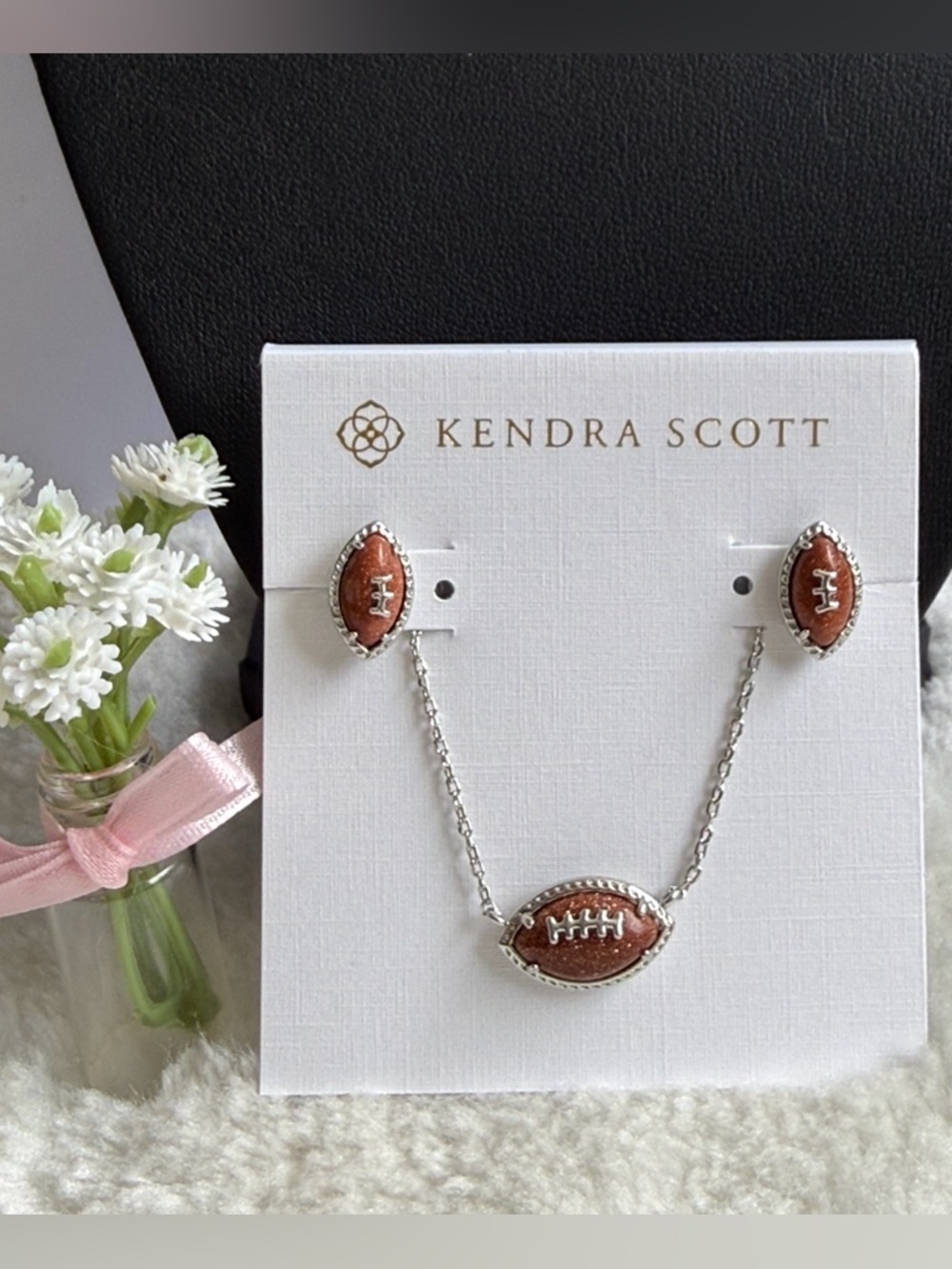 Football Silver Short Pendant & Earrings Orange Goldstone